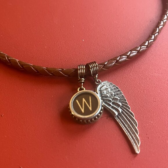Braided Leather Necklace, Typewriter Key: Letter "W" and Angel Wing Pendants - Picture 4 of 7